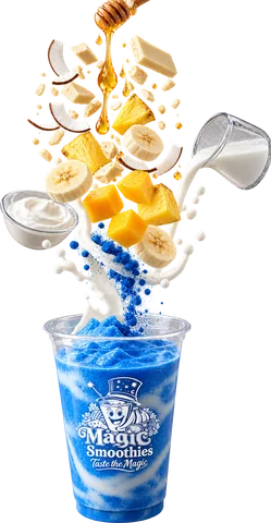 Blue spirulina smoothie with mango, pineapple, banana, coconut, honey, plain yogurt and coconut milk