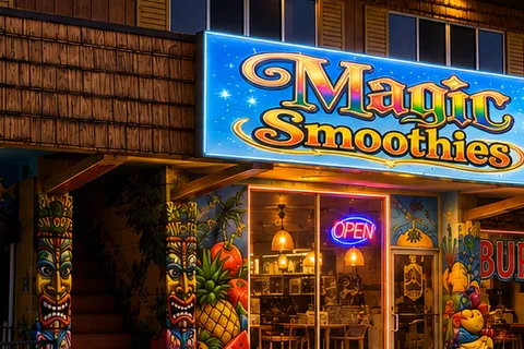 Magic Smoothies storefront at night, lit sign over the fruit murals